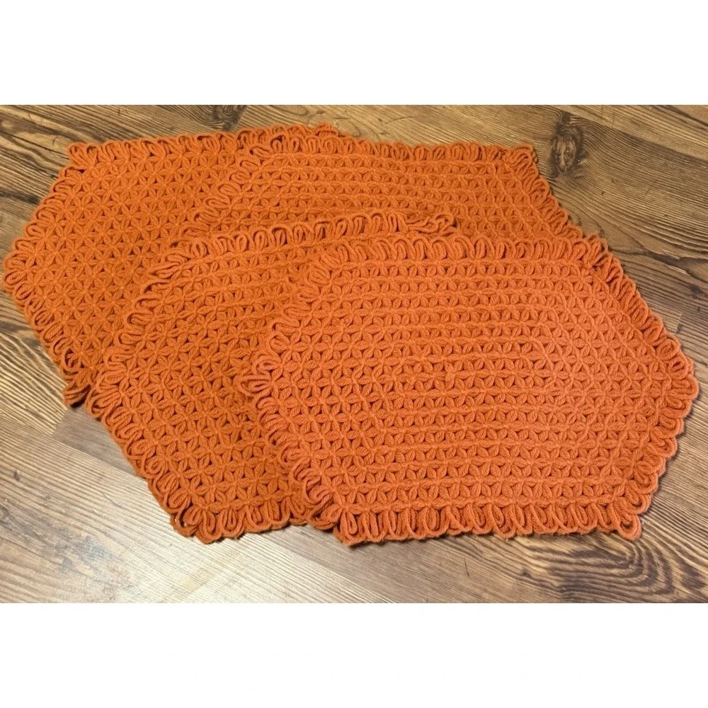 Vintage 70s Orange Brown (4) Handmade Crochet Placemats Granny MCM Flower Double